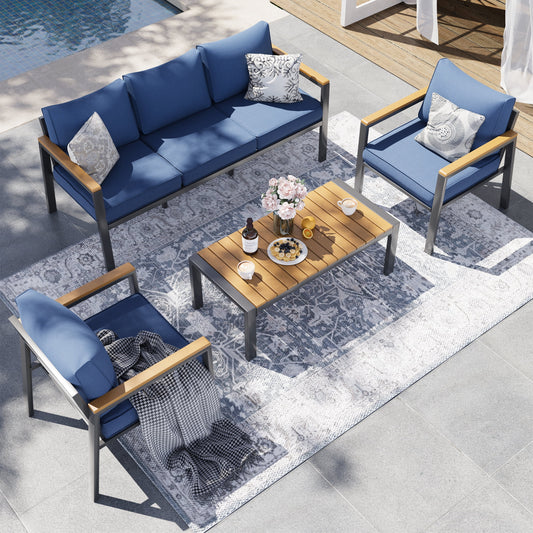 Poteban Aluminum Patio Furniture Set, 6 Pcs Modern Metal Patio Furniture Outdoor Couch with Wood Top Armrest & Table for Poolside, Deck, Blue (Included Waterproof Covers)