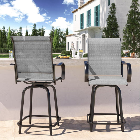 UDPATIO Patio Swivel Bar Stools Chair of 2, Outdoor Bar Height Set, All Weather High Back and Armrest Patio Stools & Bar Chairs for Backyard, Lawn Garden, Balcony and Pool, Brown