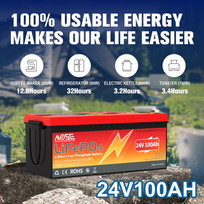 24V 100Ah LiFePO4 Battery,15000 Deep Cycles,Upgrade BMS,for RV,Marine,Solar,Backup Power