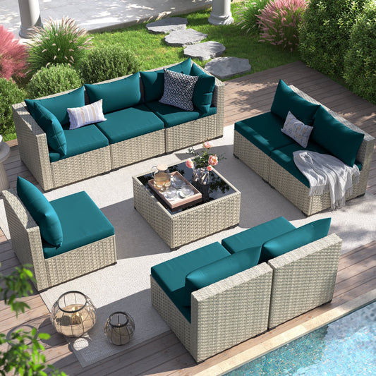 UDPATIO 9 Pieces Outdoor Patio Furniture Set, Outdoor Wicker Patio Conversation Set with Cushions for Backyard, Porch, Garden(Peacock Blue)