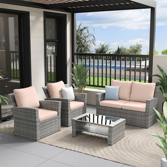 UDPATIO Wicker Patio Furniture Set, 4 Piece Outdoor Sectional Conversation Sets, Gray PE Rattan Patio Sofa Set for Balcony, Porch, Backyard, Khaki