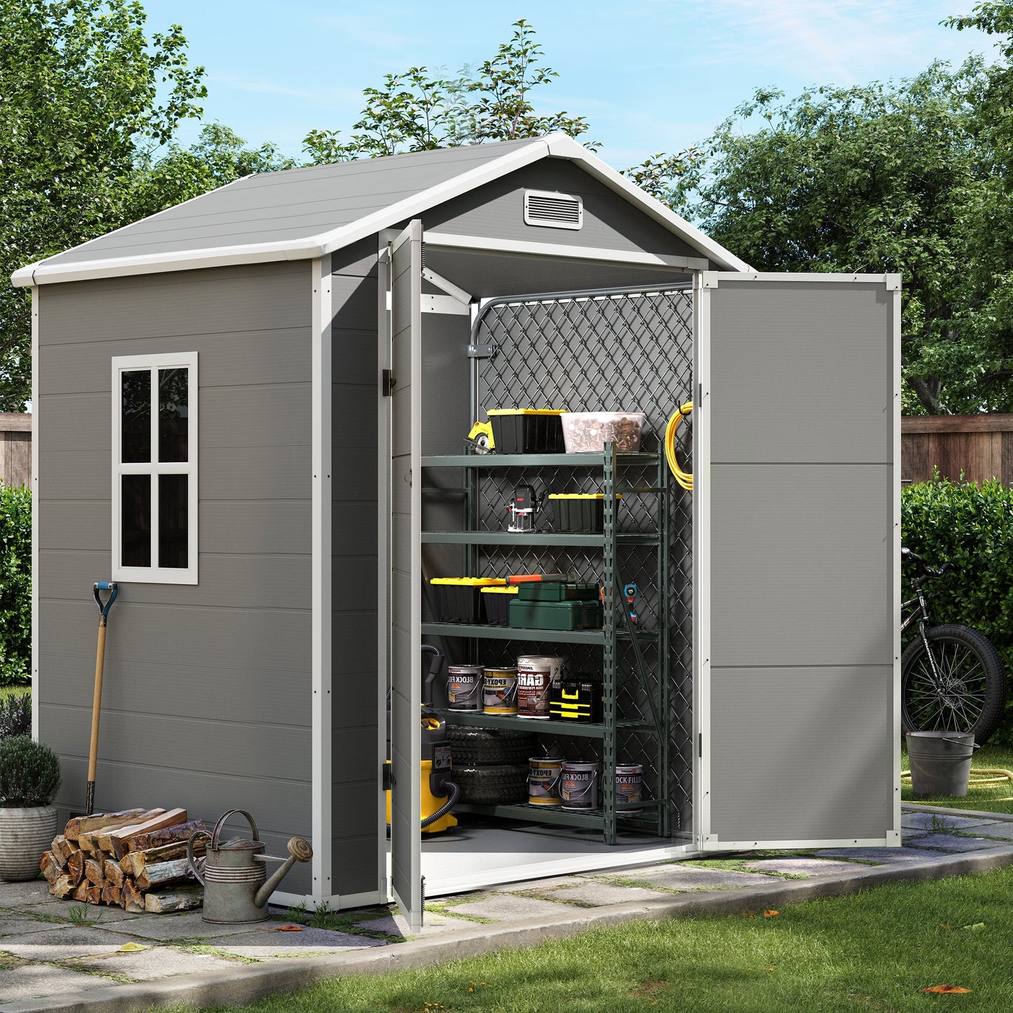 UDPATIO Outdoor Storage Shed 6x4.5 FT, Resin Outside Sheds for Backyard, Lawn, Patio, Grey & White