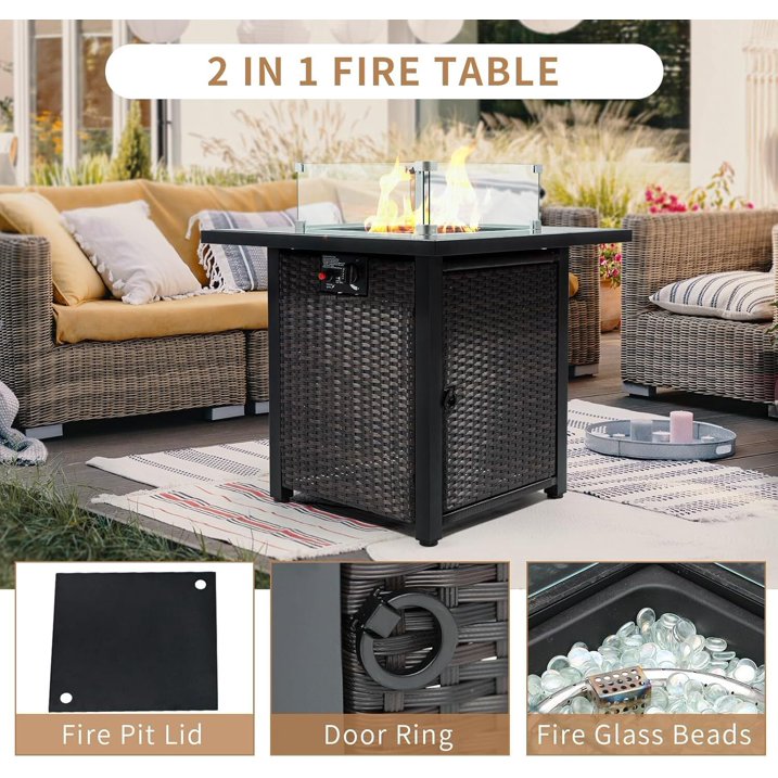 28 Inch Propane Fire Pit Table, 50,000 BTU Square Gas Fire Pit Table with Steel Lid, 2-in-1 Fire Table with Fire Glass for Patio, Garden & Backyard