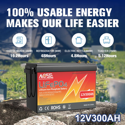 12V 300Ah LiFePO4 Battery, 200A BMS Lithium Battery up 15000 Cycles, 3840Wh