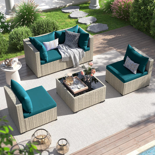 UDPATIO 5 Pieces Outdoor Patio Furniture Set, Outdoor Wicker Patio Conversation Set with Cushions for Backyard, Porch, Garden(Peacock Blue)