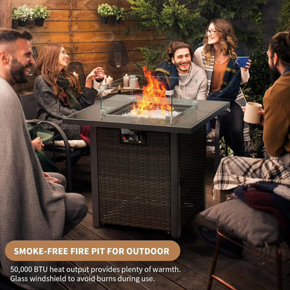 28 Inch Propane Fire Pit Table, 50,000 BTU Square Gas Fire Pit Table with Steel Lid, 2-in-1 Fire Table with Fire Glass for Patio, Garden & Backyard