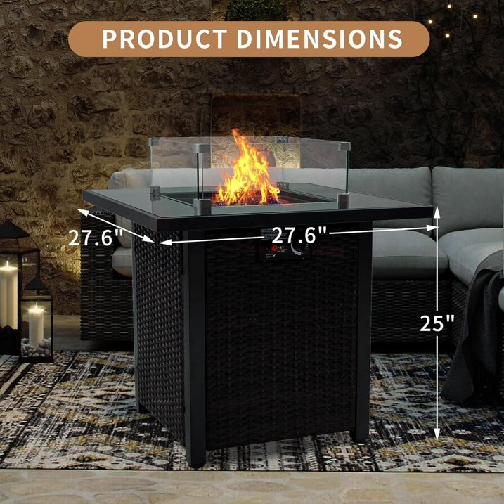 28 Inch Propane Fire Pit Table, 50,000 BTU Square Gas Fire Pit Table with Steel Lid, 2-in-1 Fire Table with Fire Glass for Patio, Garden & Backyard